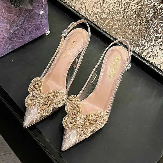 New High Heels Pointy Crystal Butterfly Wedding Shoes French Fashion Pumps Bridesmaid Sandals Kq8