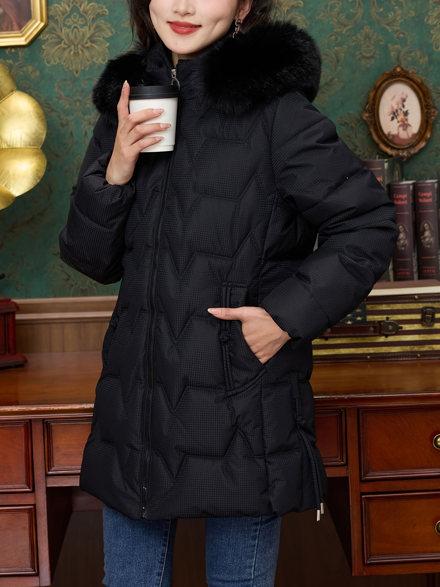 Winter Casual Fashion Versatile Plush Lined Warm Women's Jacket Detachable Hat Jacket