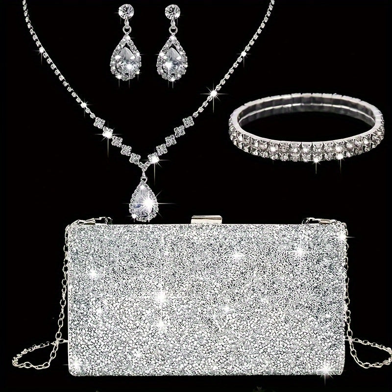 4pcs Glamorous Rhinestone Evening Bag Set - Sparkling Clutch Purse with Matching Earrings, Necklace & Bracelet for Weddings, Parties & Proms - A Luxurious Jewelry Ensemble for Women