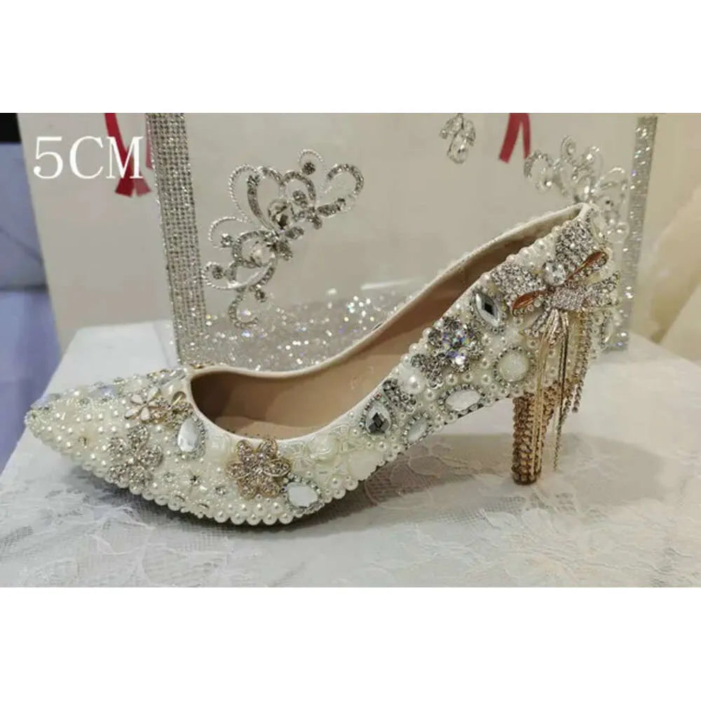 New Crystal Pumps Wedding Bride Pearl Rhine-Drill Sticky Drill Shoes White Pointed Fair High Heels Kq8