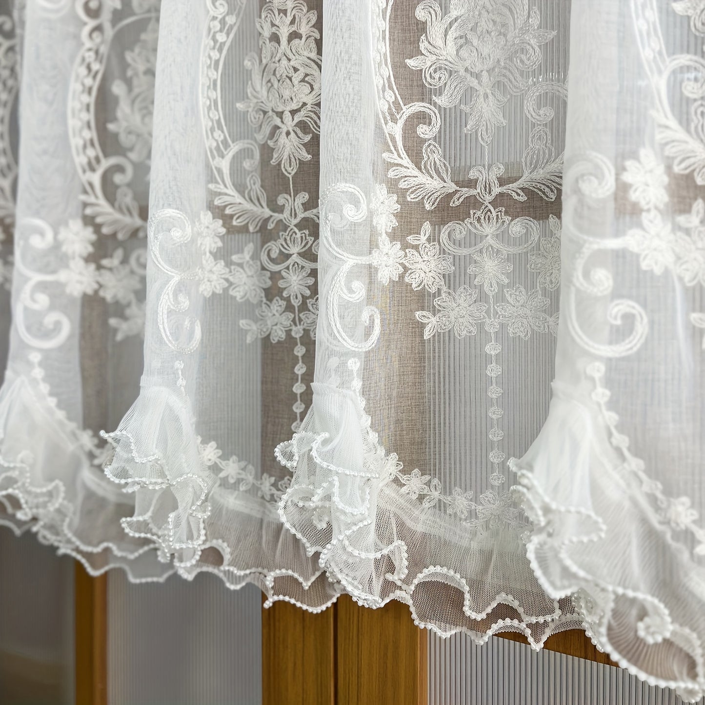 1pc Exquisite French Double Beaded Ruffled Lace Short Curtain Valance - Embroidered Tulle Design, Pocket Top, Half Curtain Rod, Decorative Door Curtain for Kitchen, Small Window, Living Room, Office, and Home Decor