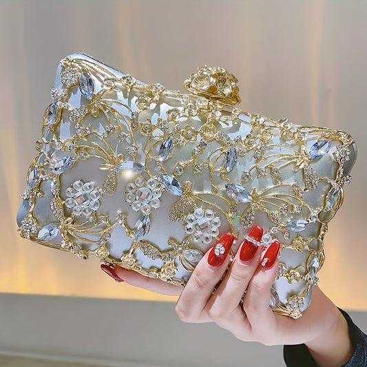 Hollow Rhinestone Evening Bag, Elegant Box Clutch Purse, Women's Handbags For Party Prom Wedding