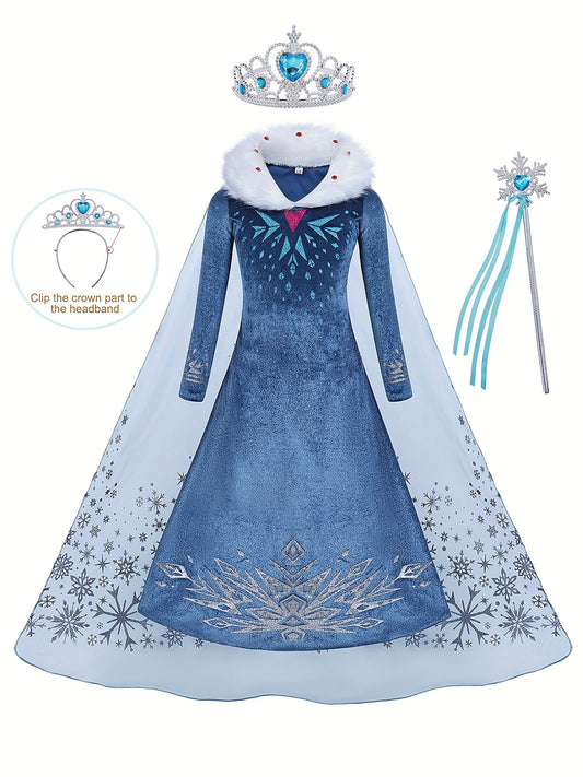 Girl's Princess Dress, Furry Collar Mesh Cape Snowflake Print Long Sleeve Dress, Ice Snow Queen For Halloween Holiday Party Prom Birthday Performance