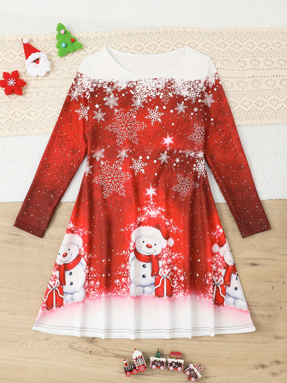 Long Sleeve Elegant Snowman Graphic Dress for Girls (Random Cut, Slight Different From Picture) for Spring Fall Christmas Gift Party