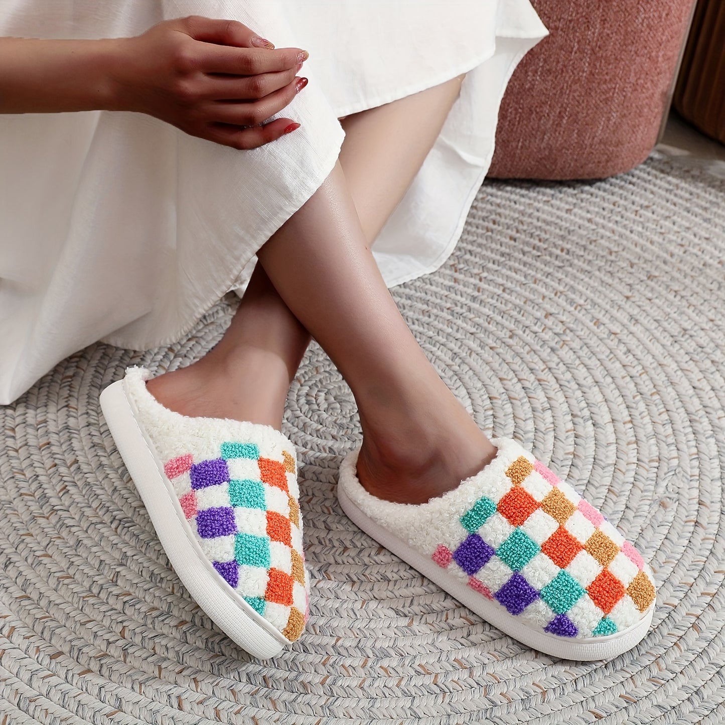 Vibrant Checkered Plush Slippers - Ultra Soft, Warm, and Cozy Indoor Shoes with Cushioned Insoles for Comfortable Walking - Perfect for Home, Lounge, or Leisure Activities