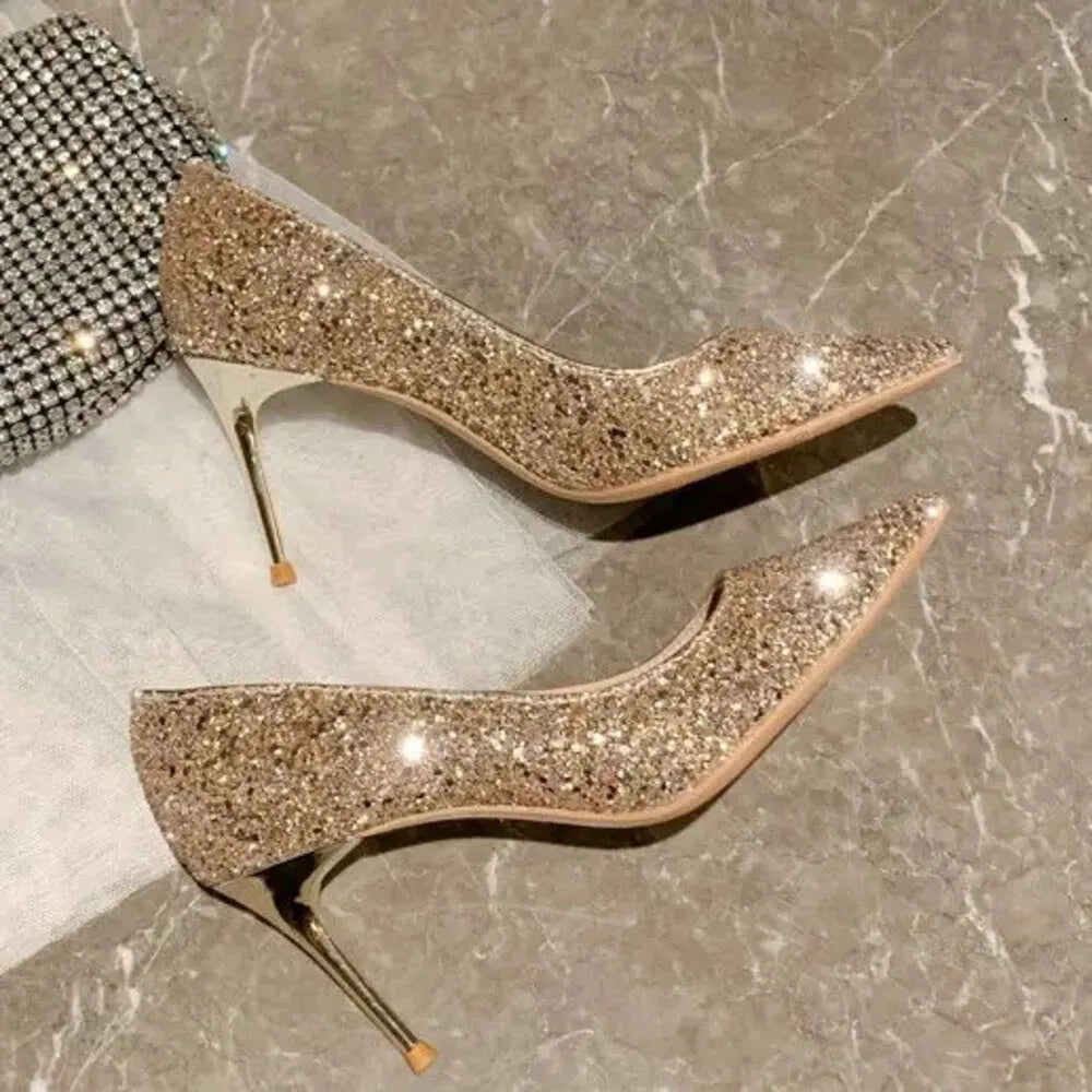 New French Bridal Wedding Crystal Sequin Pumps Glitter Pointy High Bridesmaid Shoes Slim Heels Kq8