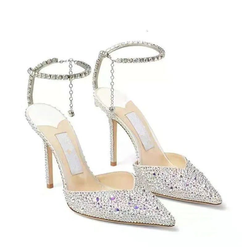 Pointy Rhinestones One-Line Buckle Sandals Women's Leather Crystal Pendant High Heels Fashion Diamond Pumps Wedding Shoes Kq8