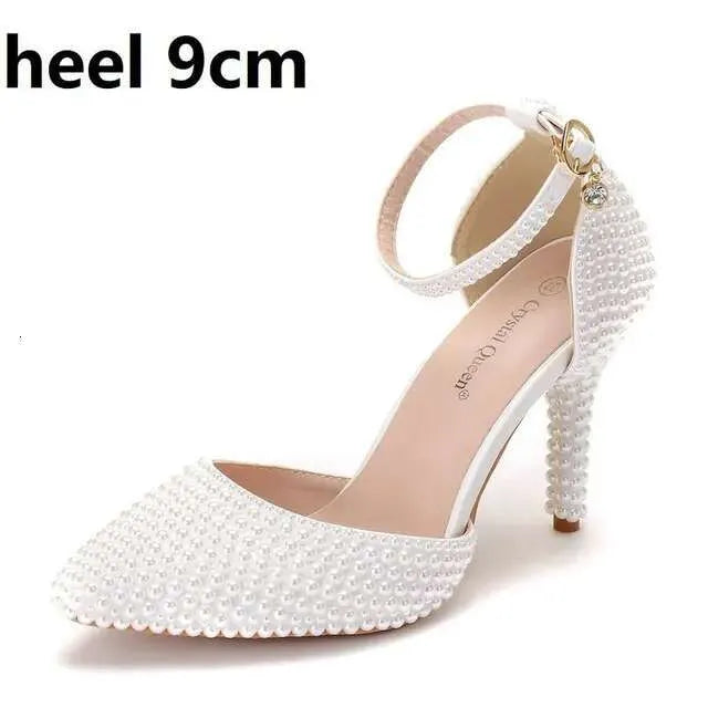 White Pearl Pointed High Fine Heel Sandals Female Bride Wedding Shoes Party Banquet Kq8