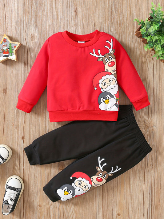 Toddler Baby Boys Cute Christmas Elk Santa Penguin Cartoon Print Sweatshirt Top Pants Outdoor Set, Kid's Party Casual Clothes