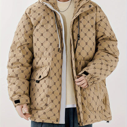 Men's Letter Print Puffer Jacket, Casual Windproof Flap Pocket Padded Coat For Fall Winter