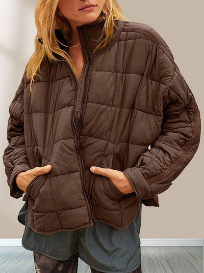 Zip Up Stand Collar Quilted Coat, Casual Long Sleeve Loose Winter Outerwear With Pocket, Women's Clothing