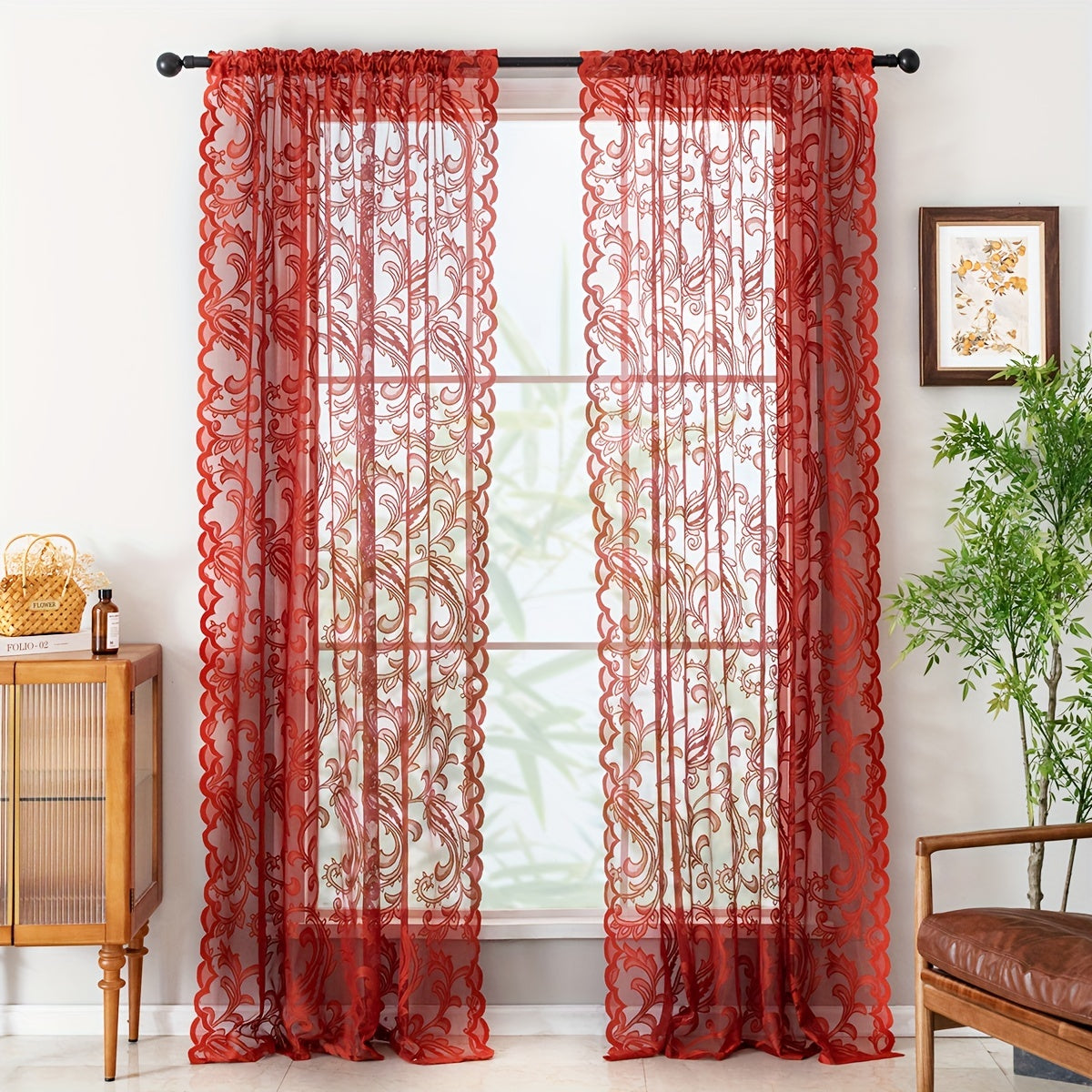 2pcs Flower Lace Jacquard Weaving Curtains, Living Room Dining Room Kitchen Study Bedroom Hallway Semi-translucent Decorative Curtains, Rod Pocket Curtain Home Decor