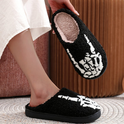 Cozy Cartoon Skeleton Hand Fuzzy Slippers - Soft, Warm, and Plush Slip-On Shoes with TPR Sole for Music Festival and Winter - Cartoon Patterned, Punk Style, Fabric Upper and Insole, All-Season Wear