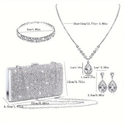 4pcs Glamorous Rhinestone Evening Bag Set - Sparkling Clutch Purse with Matching Earrings, Necklace & Bracelet for Weddings, Parties & Proms - A Luxurious Jewelry Ensemble for Women