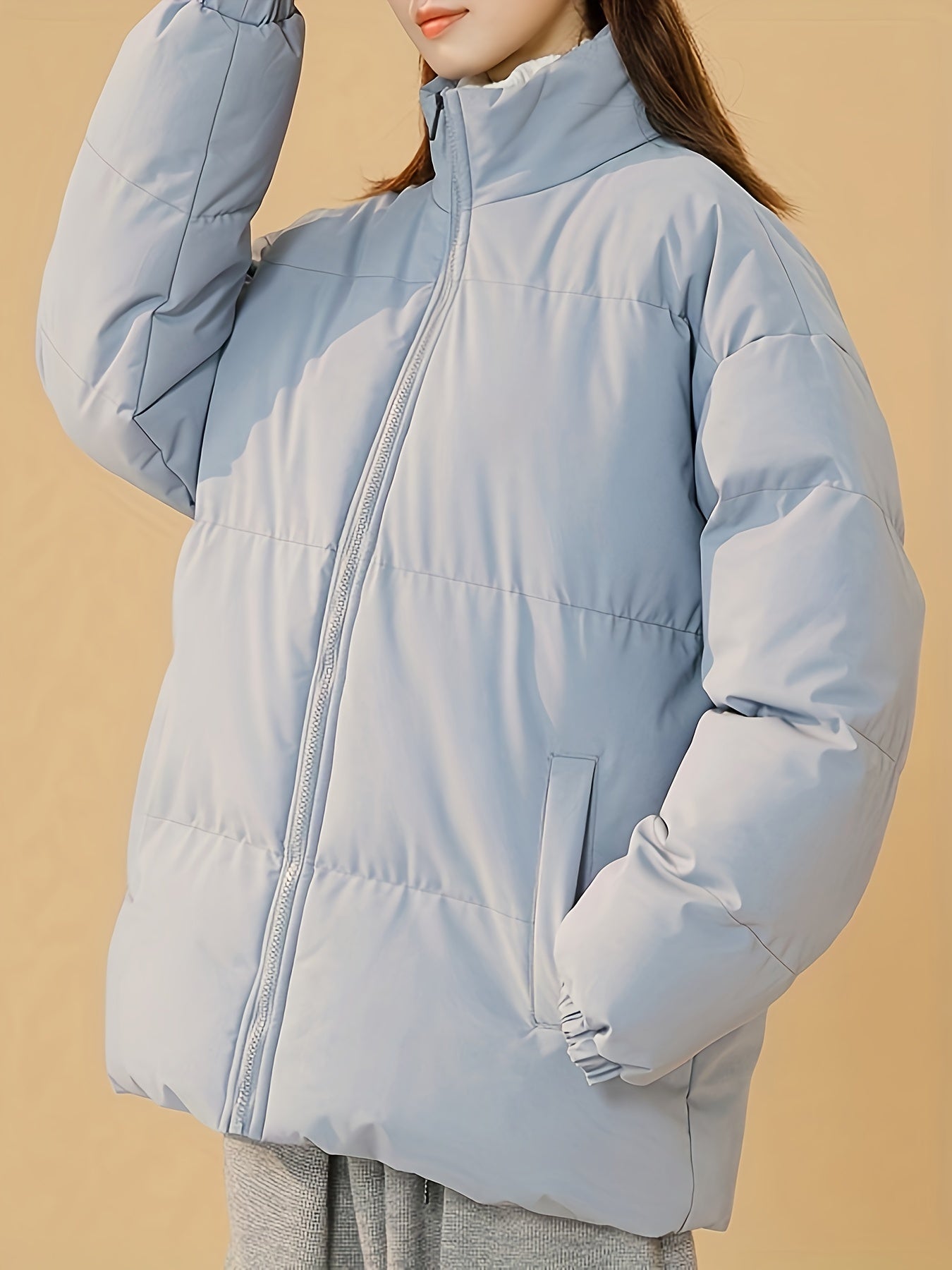 Women's Windproof Thermal Zip Up Thicken Jacket Coat, Solid Color Stand Collar Casual Coat