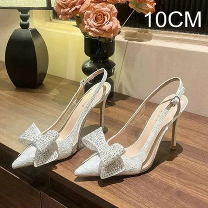 White Women's Wedding Pumps Skinny Heel Pointed Crystal Bow Head French Summer Bridal Shoes Kq8