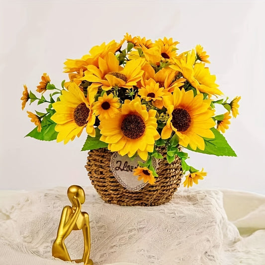 1pc Realistic Artificial Sunflower Basket Arrangement - Plastic Fall Flowers in Woven Container for All-Season Home Decor, Tabletop Display, Christmas Holiday Centerpieces, Wedding, Birthday, and Shower Decorations