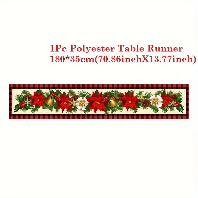 Vibrant Red Buffalo Plaid Christmas Table Runner - Polyester Table Runners with Poinsettia, Holly Leaf, and Bell Red Bow Design - Merry Christmas Home Decoration for Holiday Season