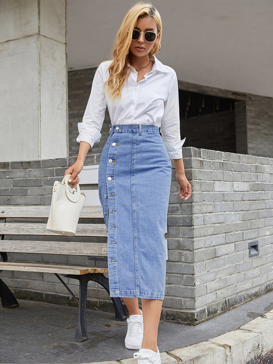 High-Waist Bohemian Denim Skirt with Button Details | Flattering, Versatile & Easy-Care | Perfect for Spring-Summer-Fall