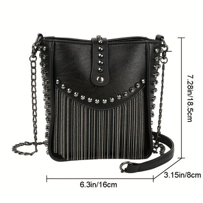 Trendy Punk Style Mini Bucket Bag - Fringe & Studded Accent, Premium PU Leather, Tassel Charm, Adjustable Chain Crossbody Strap for Fashion-Forward Women