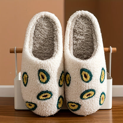 Corduroy Fruit Pattern Plush Slippers - Ultra Soft, Warm, and Comfortable Indoor Shoes with Flannel Insole and TPR Sole for All-Season Wear - Casual, Slide-On Design for Home Relaxation