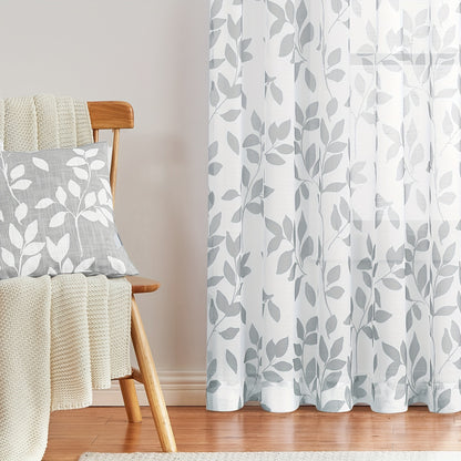 2pcs Leaf Printed Linen White Sheer Curtain, Rod Pocket Window Treatment For Bedroom Office Kitchen Living Room Study Home Decor