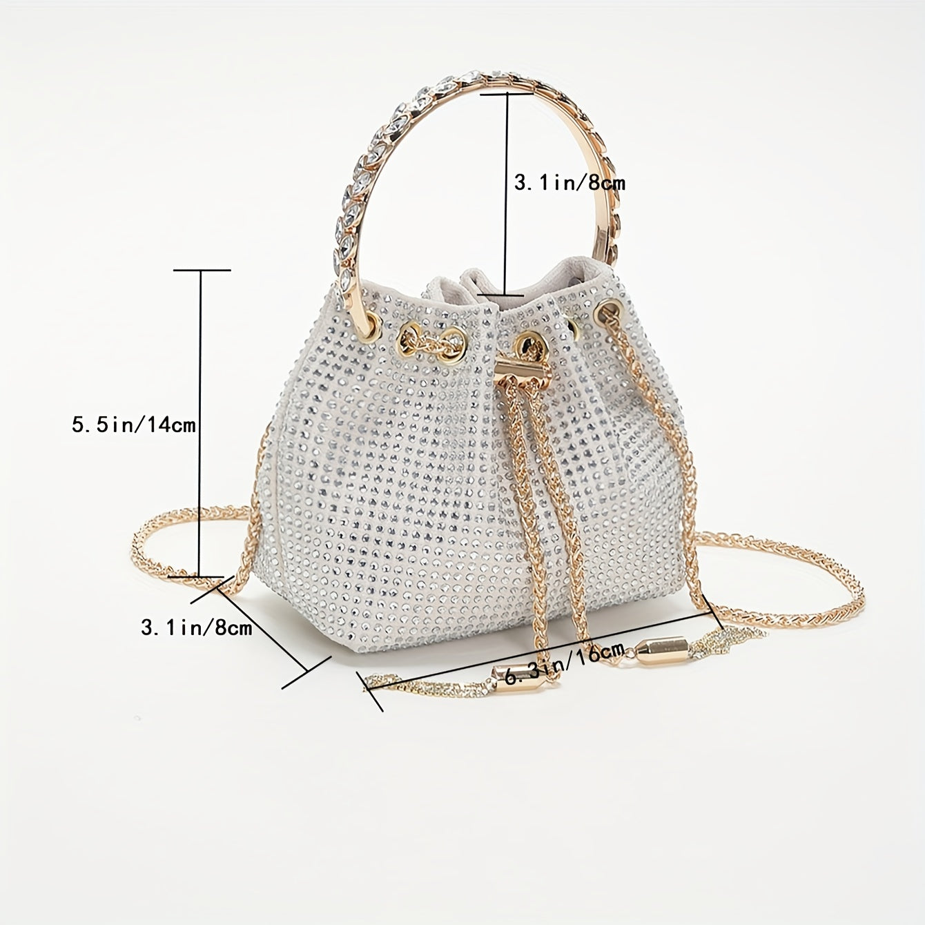 Elegant Sparkling Rhinestone Bucket Bag | Secure Drawstring Polka Dot Satchel | Luxury Evening Shoulder Chain Bag