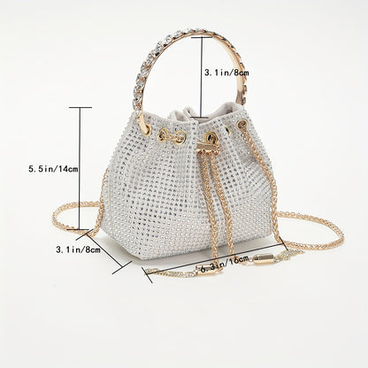 Elegant Sparkling Rhinestone Bucket Bag | Secure Drawstring Polka Dot Satchel | Luxury Evening Shoulder Chain Bag