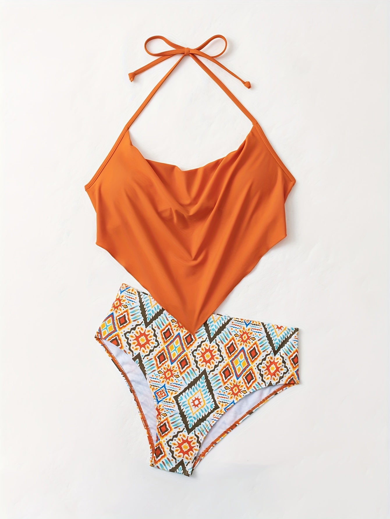 Chic Geometric Print Bikini Set - 2 Piece with Drop Collar & High Cut Swimsuit - Flattering Hanky Hemline - Premium Womens Beachwear