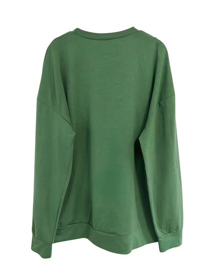 Vibrant Clover Print Crew Neck Long Sleeve Sweatshirt - Soft Micro Elasticity Polyester Fabric, Relaxed Fit, Vacation Style - Perfect for St Patricks Day and Fall/Winter Seasons