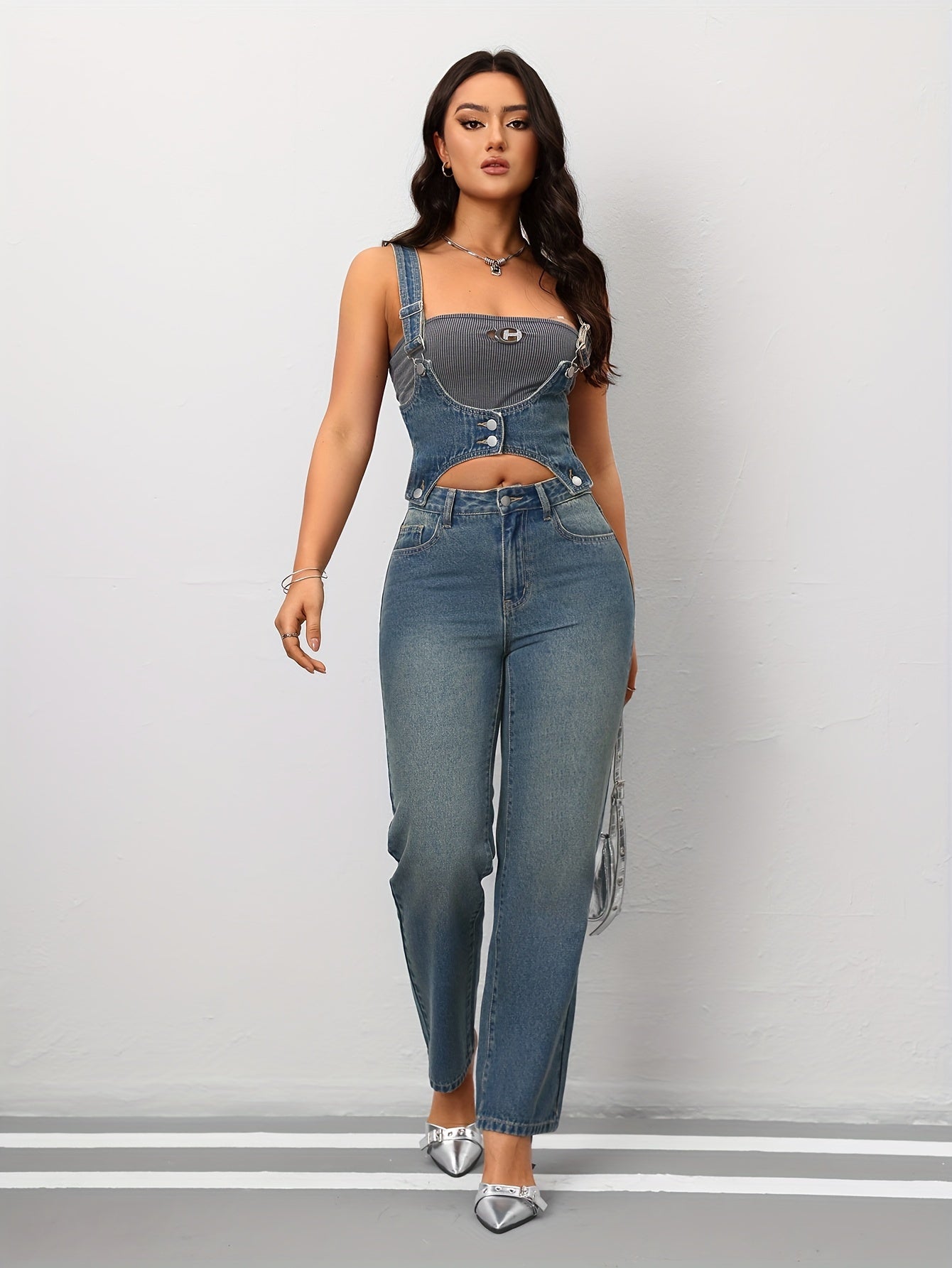 Vintage Blue High-Waisted Jeans with Detachable Straps, Casual Denim Overalls, Slim Fit, Full Length Trouser for Women