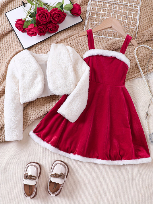 2pcs Plush Long Sleeve Cardigan + Cami Dress Set, Comfy Outfits For Girls, Spring Fall Winter Christmas Gift