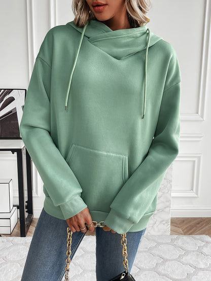 Womens Chic Solid Drawstring Hoodie Sweatshirt - Adjustable Hood, Cozy Pocket, Long Sleeves - Trendy Casual Wear for Comfort and Style