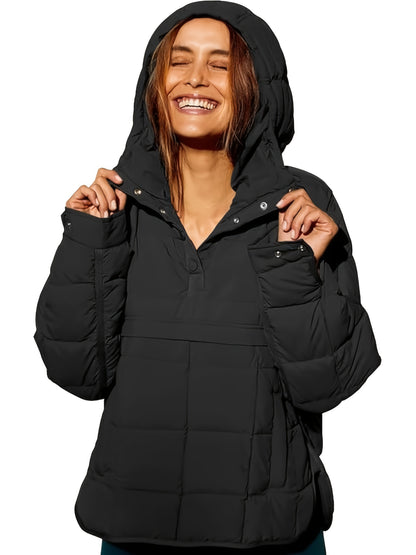 Ultra-Warm Down Puffy Coat - Women's Long Sleeve Hoodie with Button Front, Casual Pockets, and Water-Resistant Design for Fall & Winter - Soft, Lightweight, and Comfortable Clothing