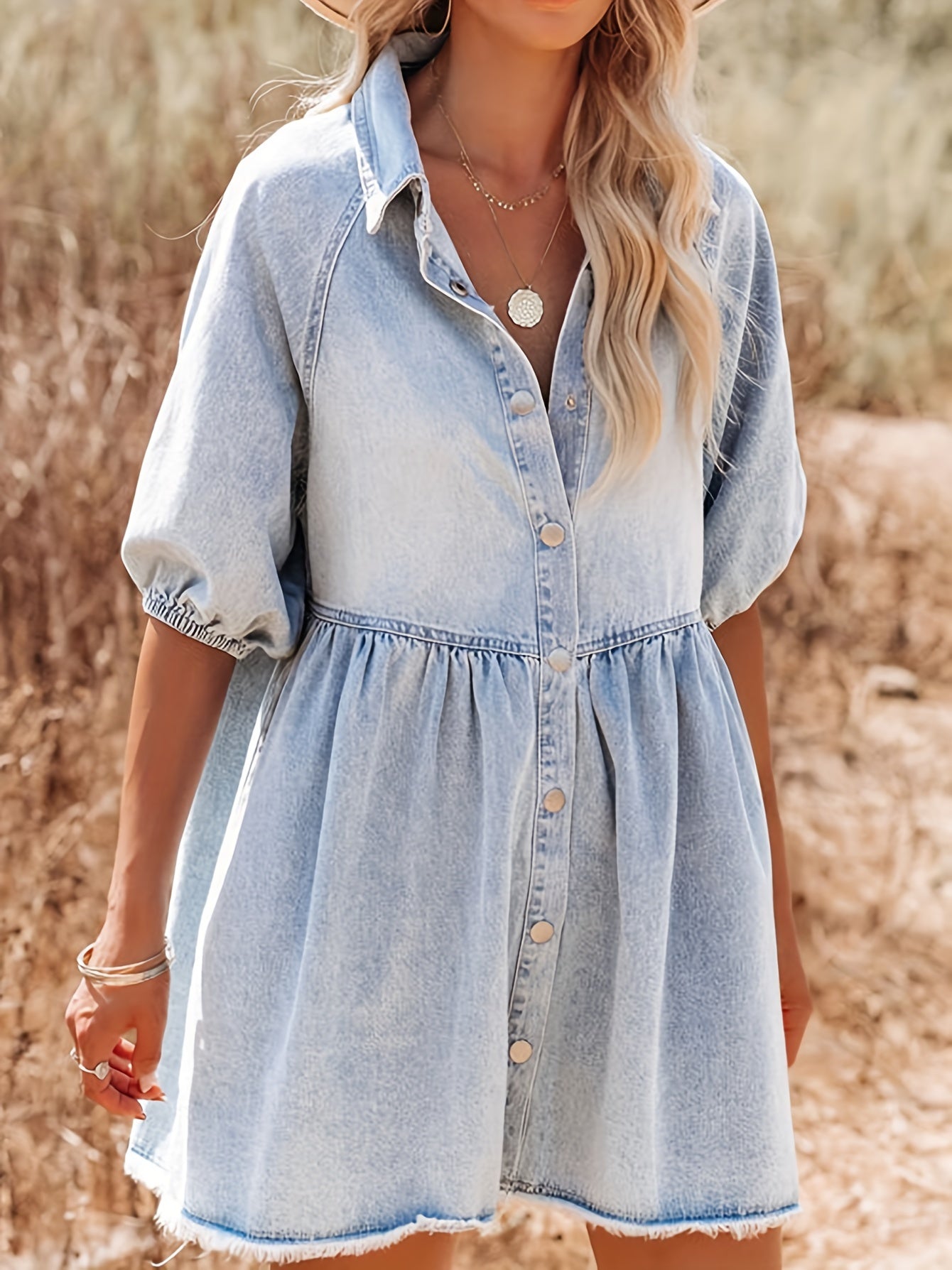 Distressed Style Raw Hem Plain Light Washed Blue Puff Sleeve Button Up Denim Dress, Women's Denim Jeans & Clothing