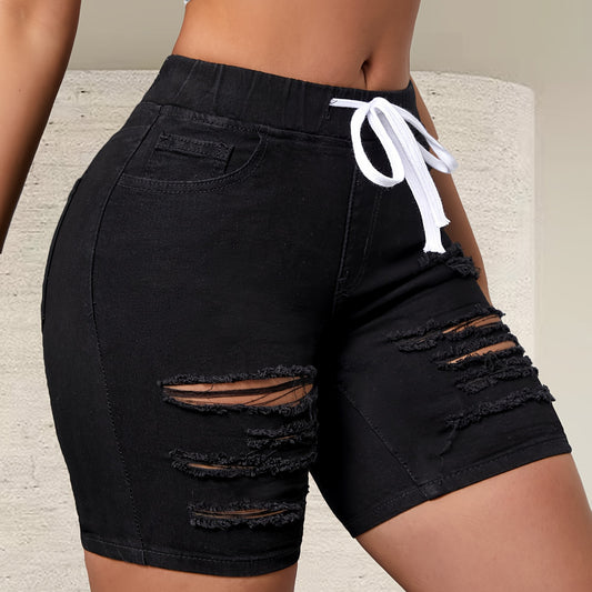 Womens Chic Black Ripped Denim Bermuda Shorts - Adjustable Drawstring, Pockets, Mid-Thigh Length, Perfect for Casual Summer Styling