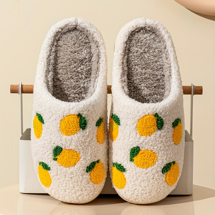 Corduroy Fruit Pattern Plush Slippers - Ultra Soft, Warm, and Comfortable Indoor Shoes with Flannel Insole and TPR Sole for All-Season Wear - Casual, Slide-On Design for Home Relaxation