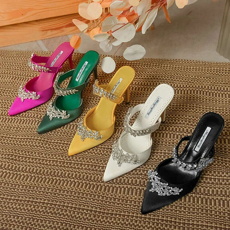 Crystal Slipper Mueller Shallow Mouth Pointed Silk Rhine-Drill High White Slender Heels Wedding Shoes Kq8