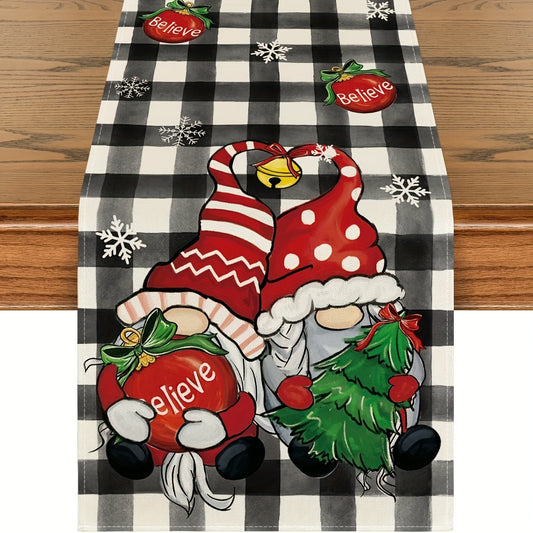 Buffalo Plaid Gnome & Bell Christmas Table Runner - Festive Linen Dining Decor for Holiday Parties, Available in 13x48/72/108 Inches