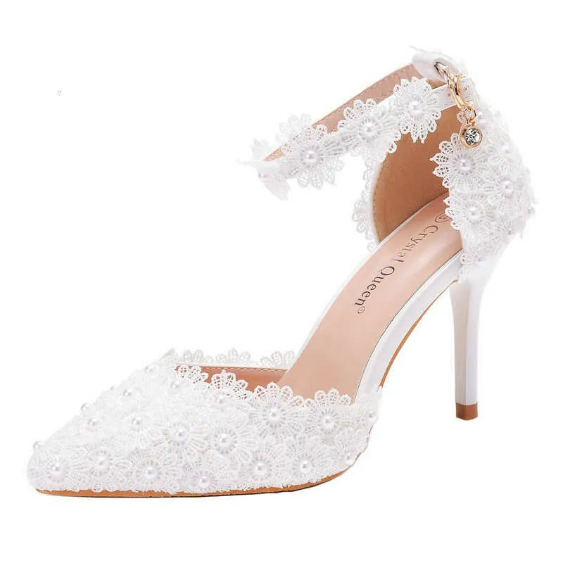 9Cm White Lace Wedding One Word Buckle Strap Thin Heels Pointed Toe Bride Female Sandals Bridesmaid Shoes Kq8