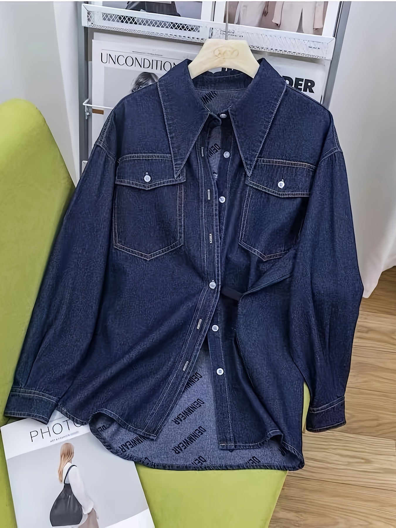 Fashionable Womens Denim Shirt - Chic Button-Down Lapel Collar, Relaxed Loose Fit, Trendy Street Style with Practical Flap Pockets - Premium Long Sleeve Denim Tops for Casual Wear