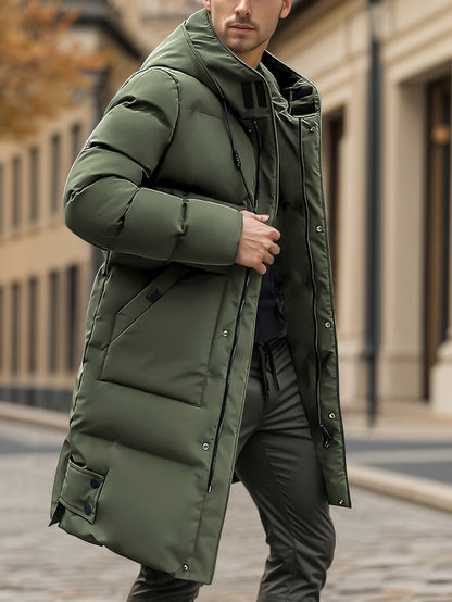 Winter Thickened Medium-Long Warm And Cold-Proof Hooded Drawstring Large Pockets Windproof And Waterproof Men'S Imitation Down Jacket Cotton Coat