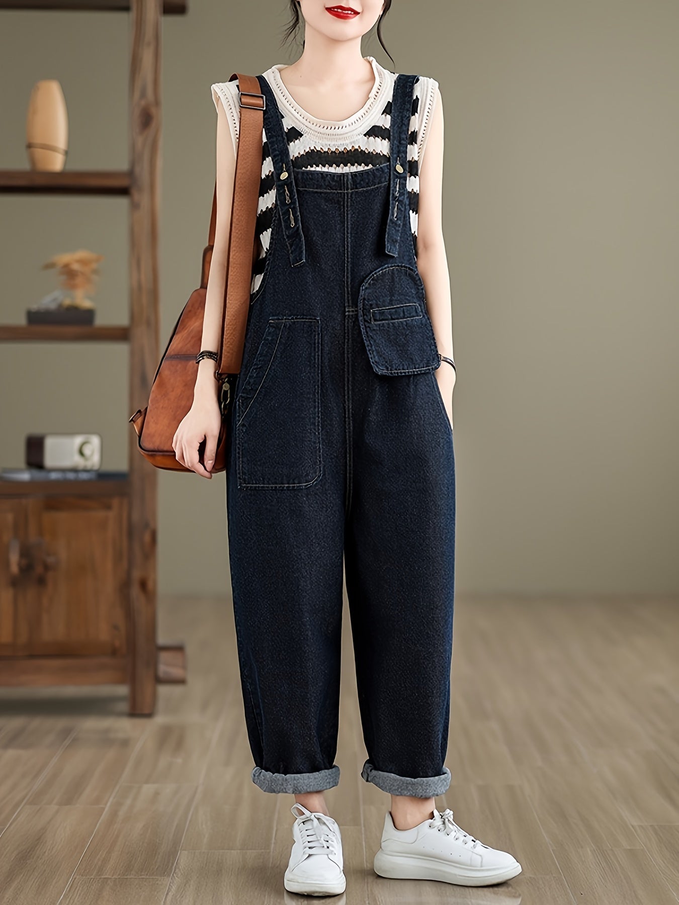 Women's Loose Fit Denim Overalls, Casual Style, Versatile Jean Jumpsuit With Pockets