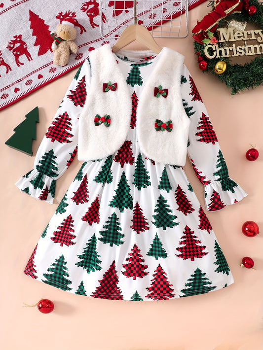 Girls' Christmas Outfit Set, Fleece Bow Vest & Christmas Tree Print Long Sleeve Dress, Polyester Knit, Regular Fit, Elastic Waist, Holiday Fashion for Kids