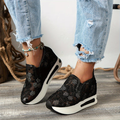 Womens Floral Lace Charm - Casual Height Enhancing Slip-On Shoes with Stylish Platform - Versatile Low Top for Everyday Elegance