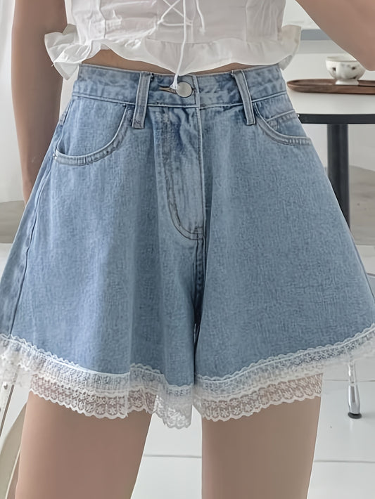 Chic Womens Denim Shorts with Delicate Lace Trim - Eye-Catching Contrast Design, Super-Flattering Wide Leg Cut - Perfect Summer Fashion Staple, Versatile Style