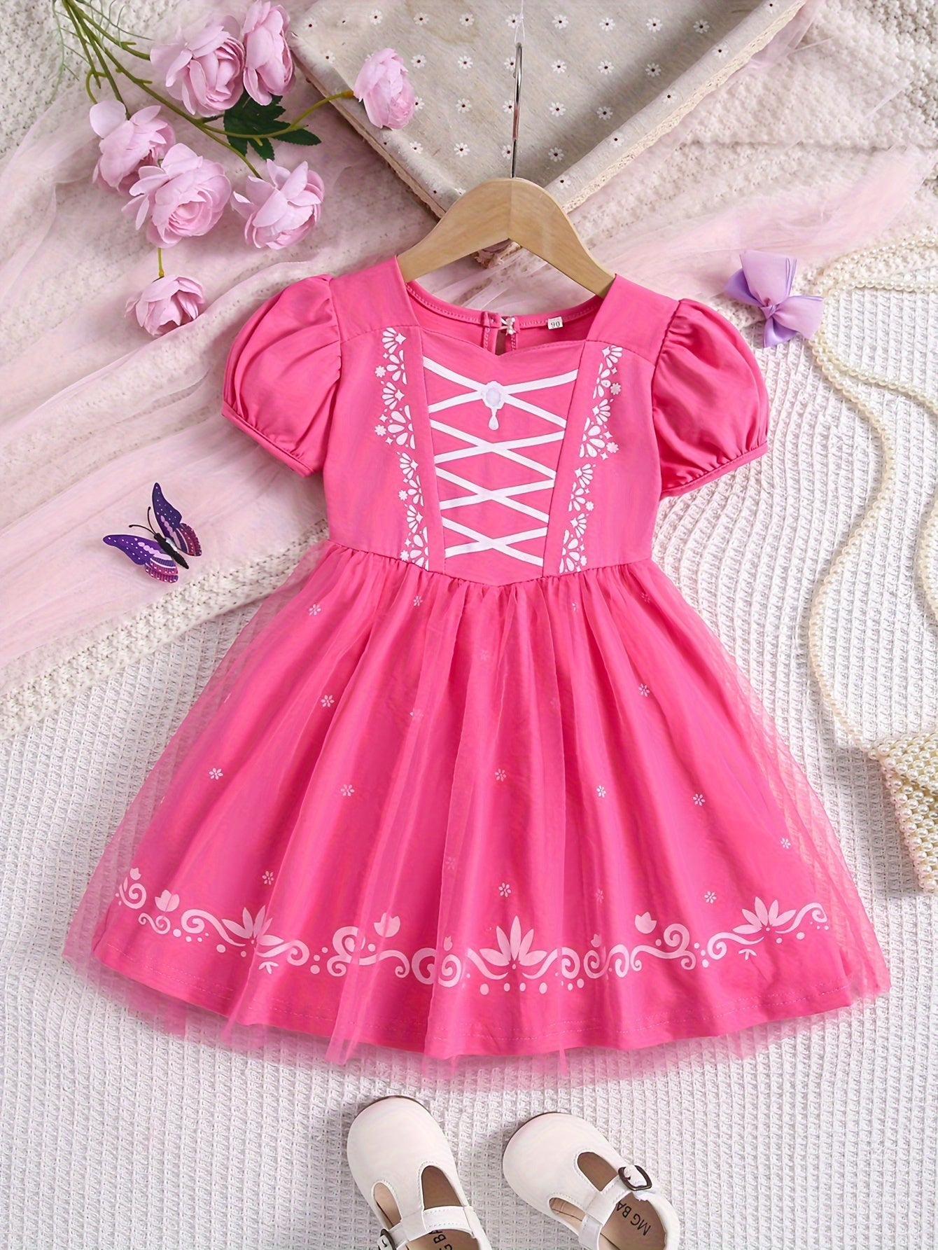 Girls Princess Dress Puff Sleeve Tulle Ribbon Print Halloween Holiday Party Prom Birthday Performance Dress