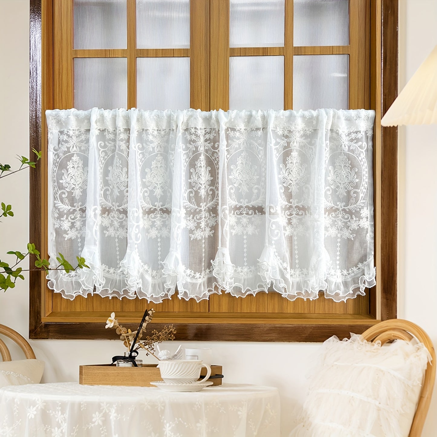 1pc Exquisite French Double Beaded Ruffled Lace Short Curtain Valance - Embroidered Tulle Design, Pocket Top, Half Curtain Rod, Decorative Door Curtain for Kitchen, Small Window, Living Room, Office, and Home Decor