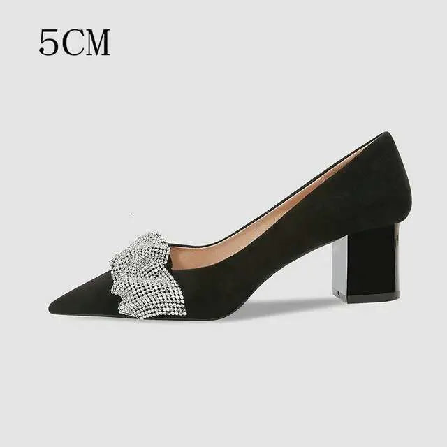 New Rhinestone Pumps Crystal High Heels Black Pointy Thick With Professional Work Interview Women's Single Shoes Kq8