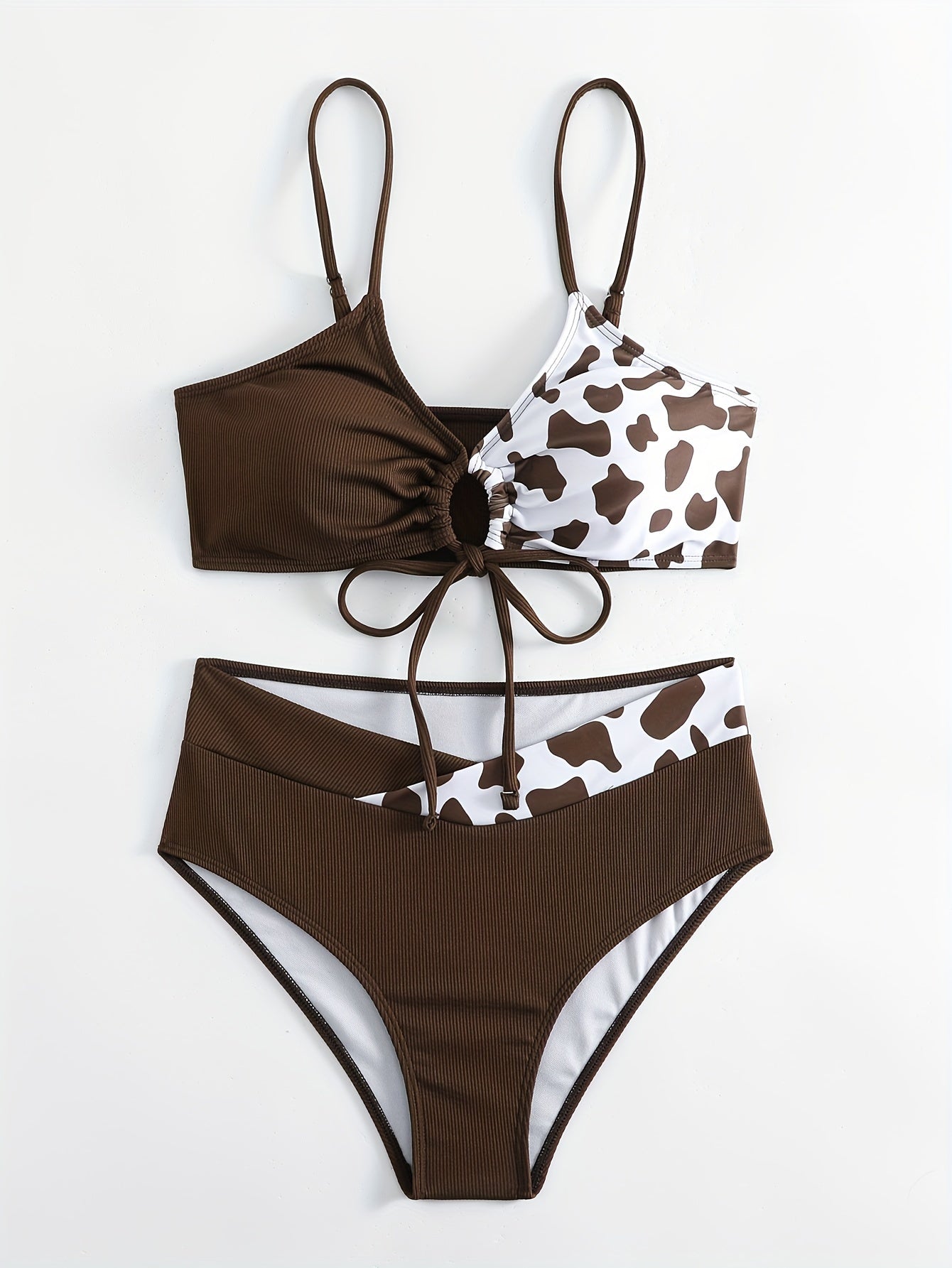 Brown Cow Print Bikini Set - Fashionable Ribbed Texture with Crossover Tie Front & Spaghetti Strap Hollow Out Design - A Flattering 2 Piece Swimwear Ensemble for Women